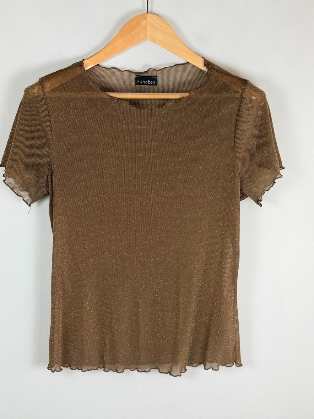 Zenobia Sheer Mesh Top Brown Shimmer Lettuce Edge Y2K Grunge Medium